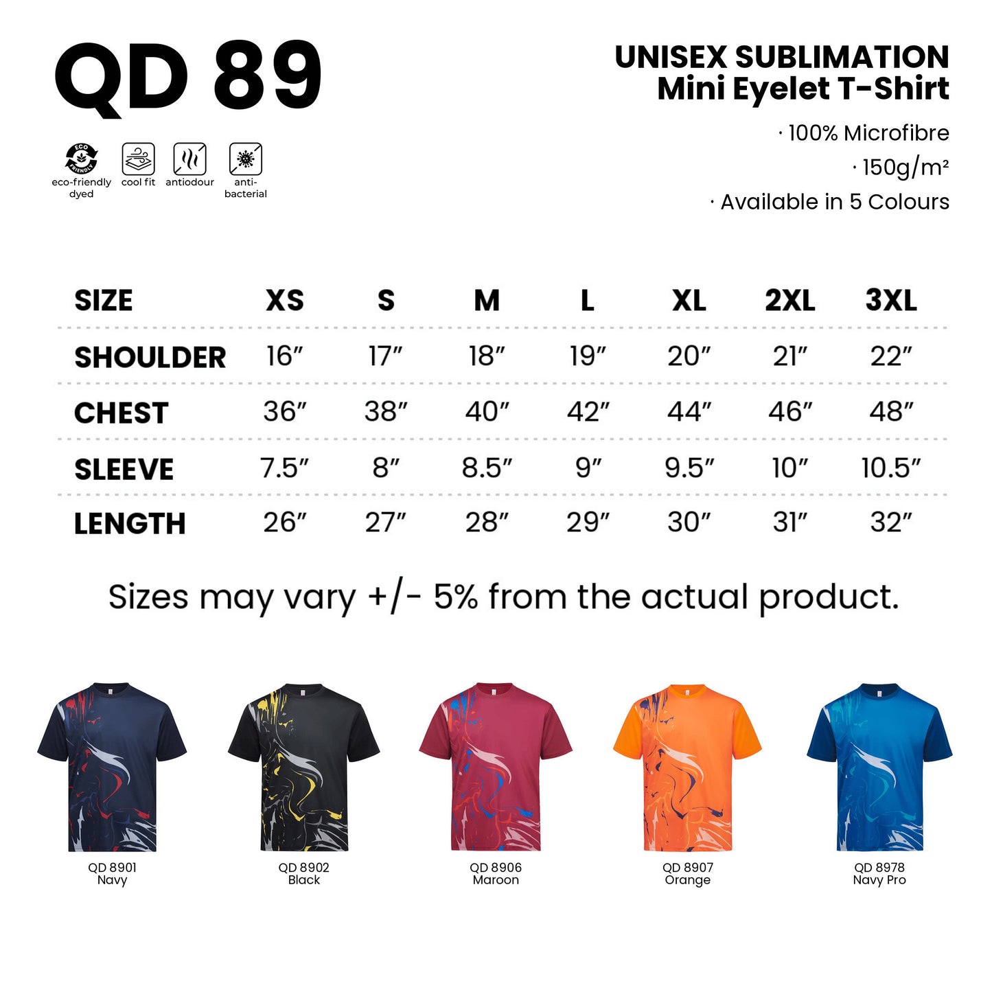 QD89 size chart from XS to 3XL with shoulder, chest, sleeve and length measurements, plus all 5 available colours in 100% microfibre 150gsm