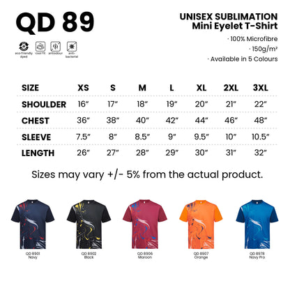 QD89 size chart from XS to 3XL with shoulder, chest, sleeve and length measurements, plus all 5 available colours in 100% microfibre 150gsm