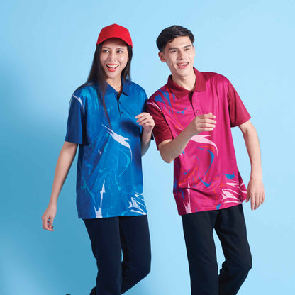 Models wearing the QD90 unisex sublimation mini eyelet polo shirt, showing the all-over printed design