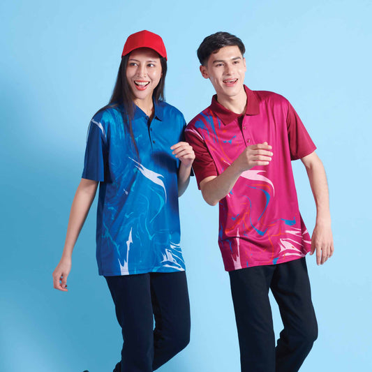 Models wearing the QD90 unisex sublimation mini eyelet polo shirt, showing the all-over printed design