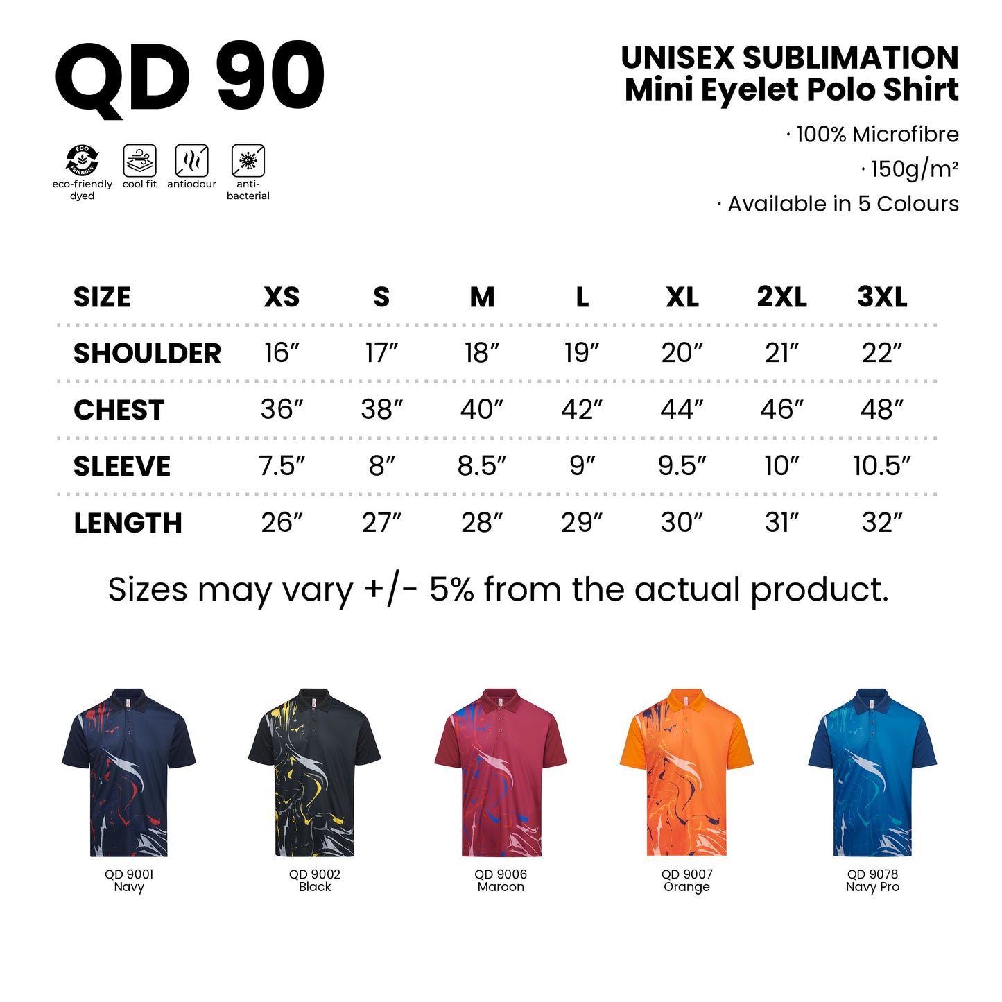 QD90 size chart from XS to 3XL with shoulder, chest, sleeve and length measurements, plus all 5 available colours in 100% microfibre 150gsm