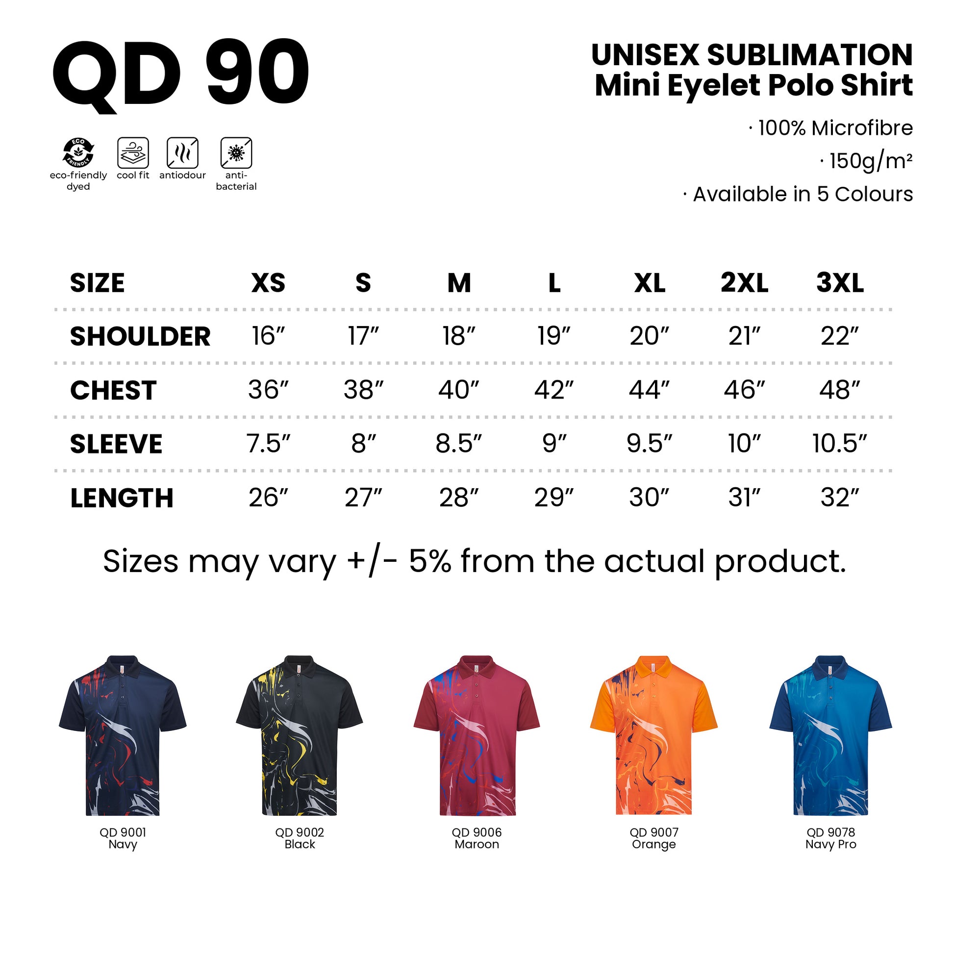 QD90 size chart from XS to 3XL with shoulder, chest, sleeve and length measurements, plus all 5 available colours in 100% microfibre 150gsm