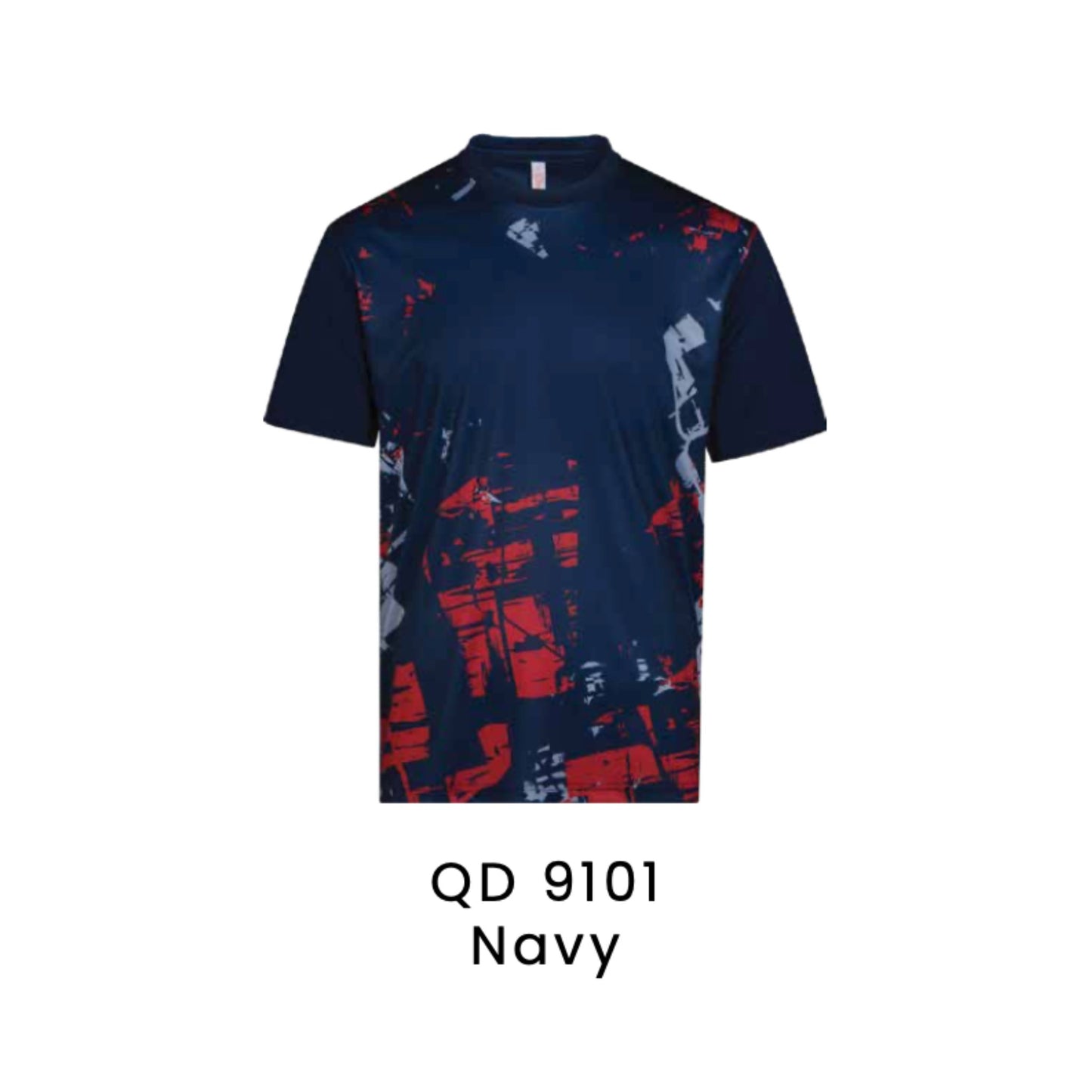 QD 9101 Navy - QD91 unisex sublimation mini eyelet t-shirt with red and grey abstract print