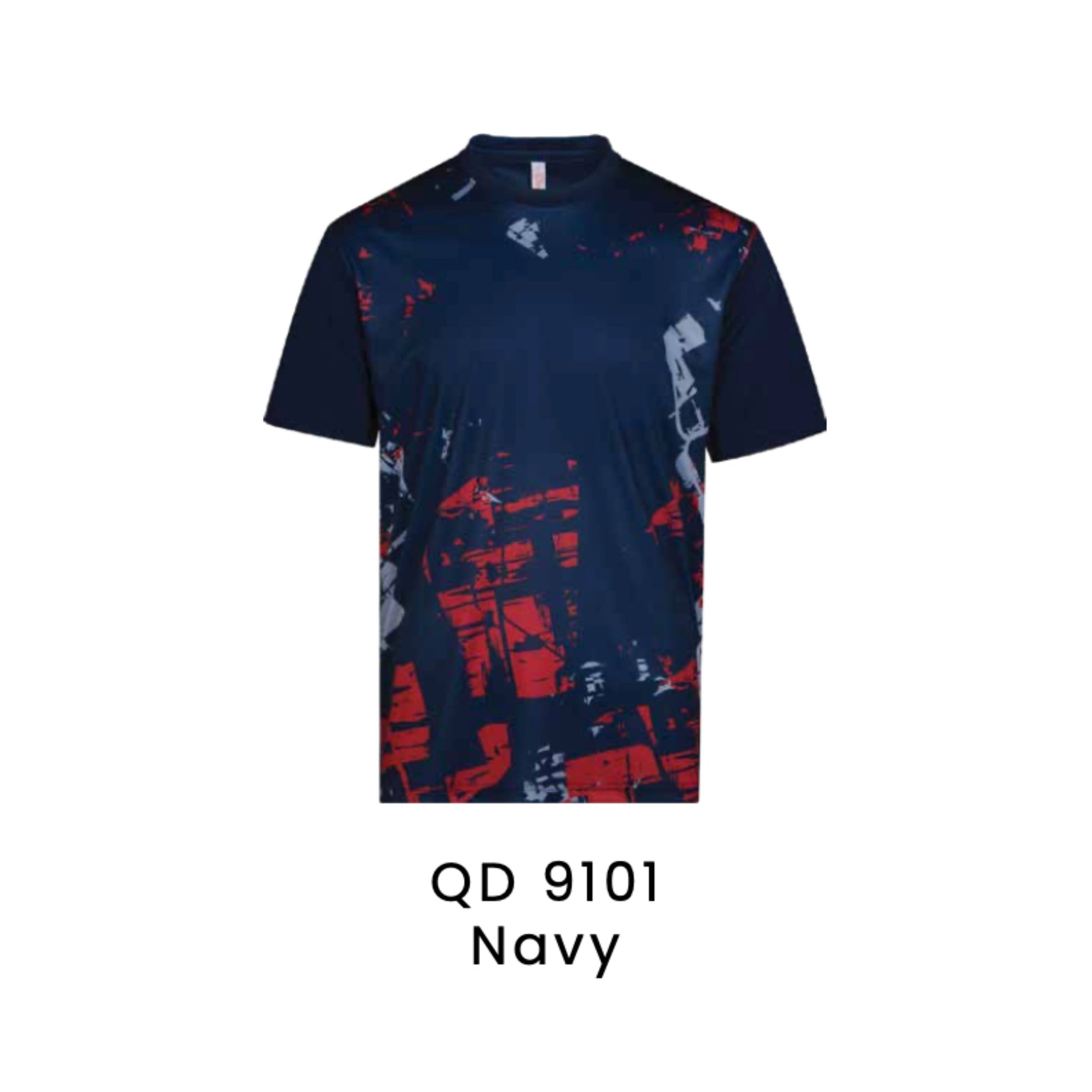 QD 9101 Navy - QD91 unisex sublimation mini eyelet t-shirt with red and grey abstract print