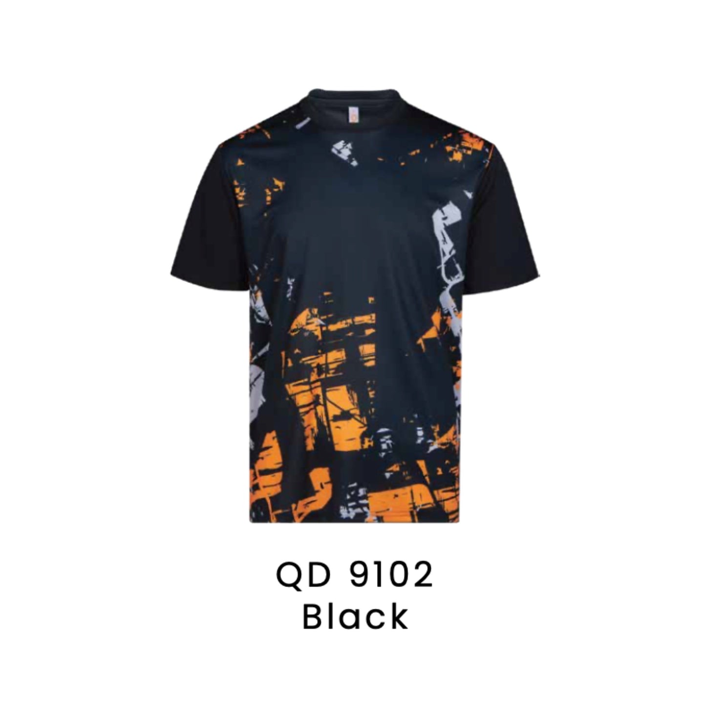 QD 9102 Black - QD91 unisex sublimation mini eyelet t-shirt with orange and grey abstract print