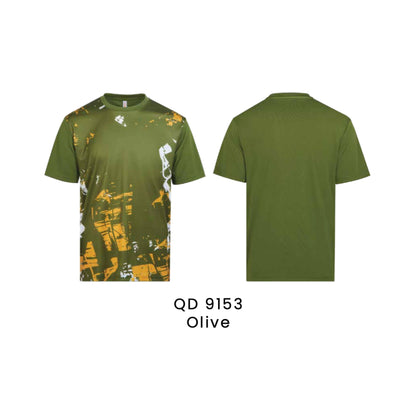QD 9153 Olive - QD91 unisex sublimation mini eyelet t-shirt shown front and back with yellow abstract print