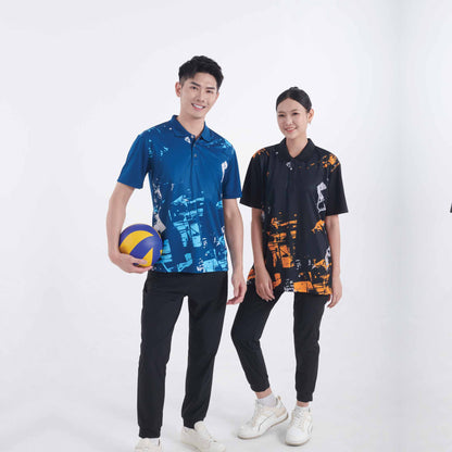 Models wearing the QD92 unisex sublimation mini eyelet polo shirt, showing the all-over printed design
