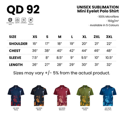 QD92 size chart from XS to 3XL with shoulder, chest, sleeve and length measurements, plus all 5 available colours in 100% microfibre 150gsm