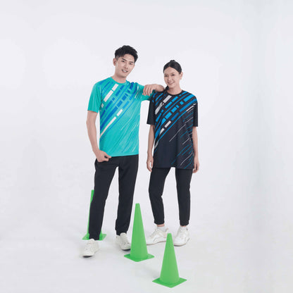 Model wearing the QD93 unisex sublimation mini eyelet t-shirt, showing the all-over printed design