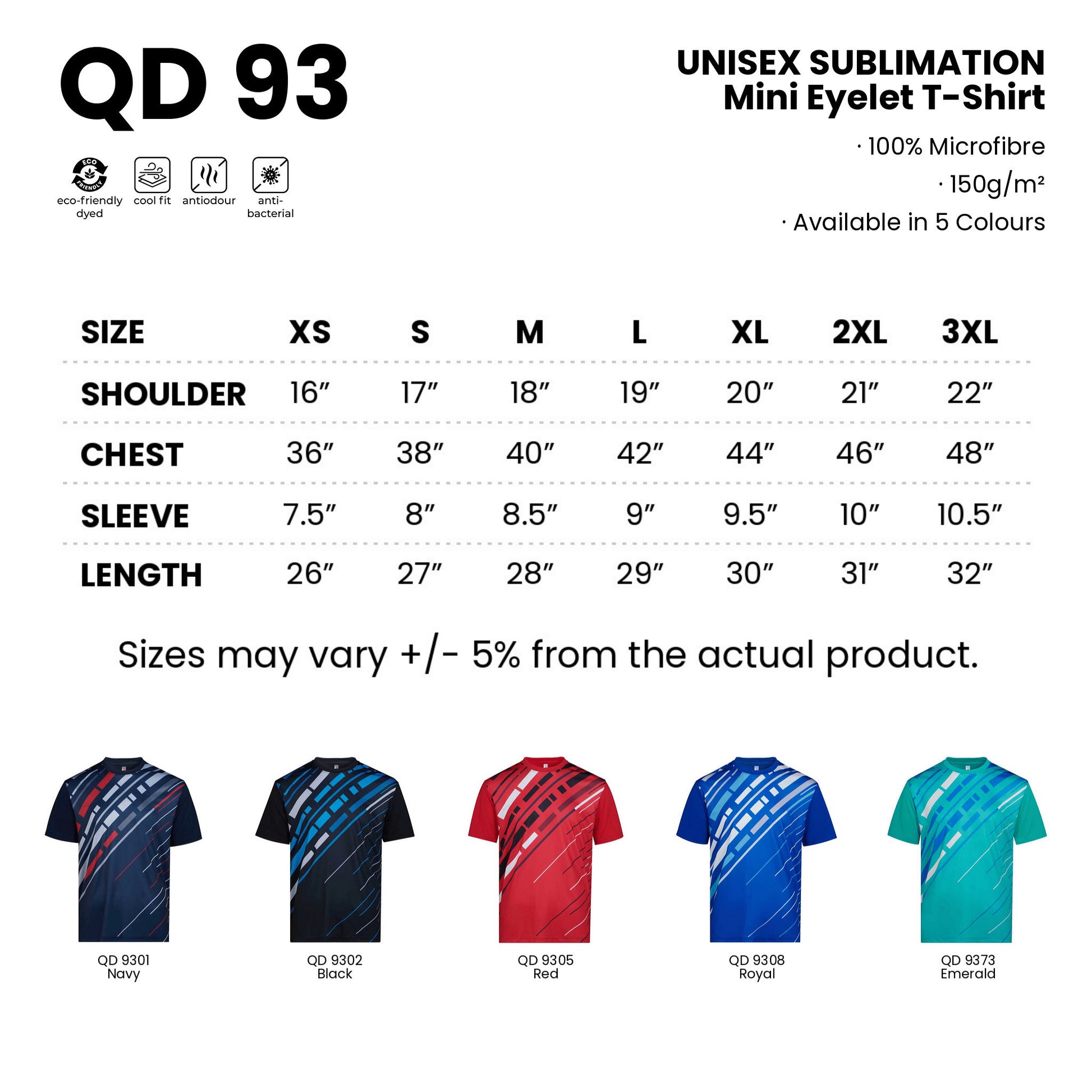 QD93 size chart from XS to 3XL with shoulder, chest, sleeve and length measurements, plus all 5 available colours in 100% microfibre 150gsm