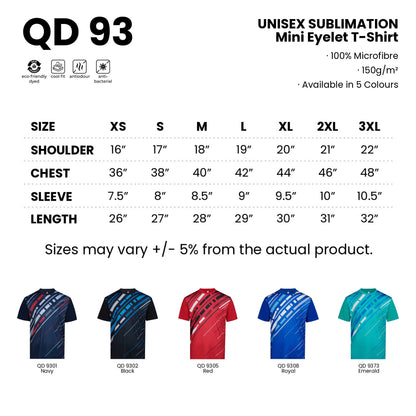 QD93 size chart from XS to 3XL with shoulder, chest, sleeve and length measurements, plus all 5 available colours in 100% microfibre 150gsm