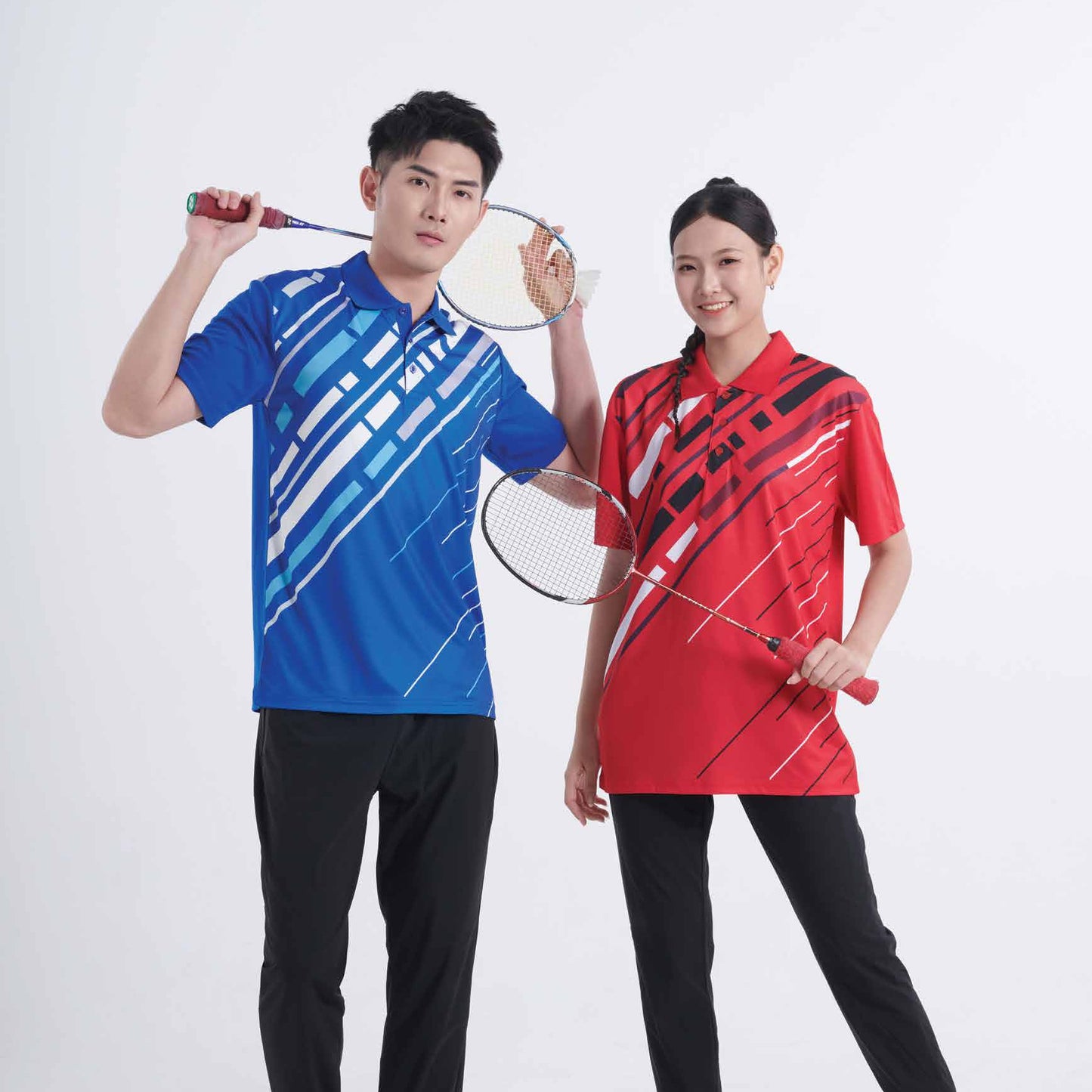 Models wearing the QD94 unisex sublimation mini eyelet polo shirt, showing the all-over printed design
