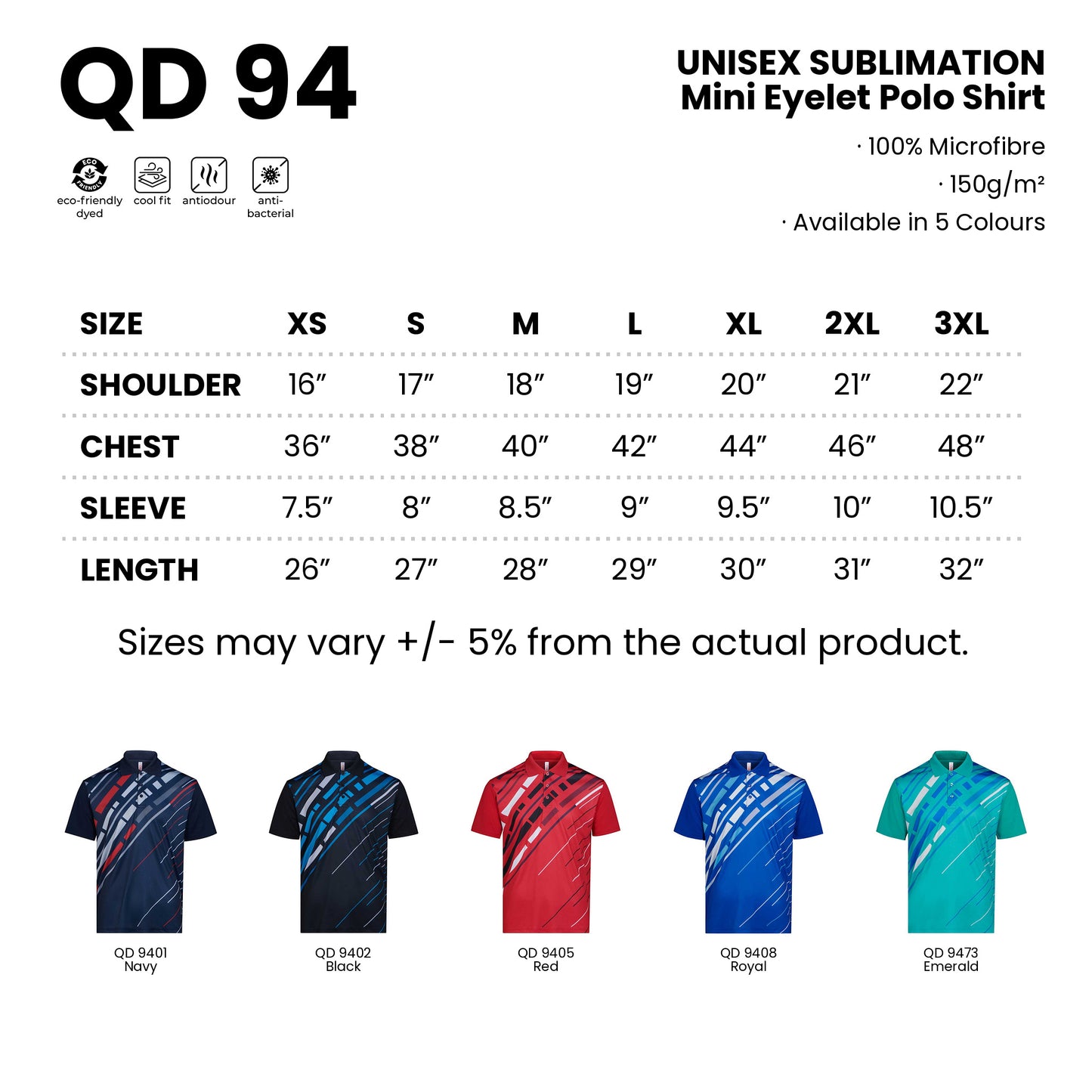 QD94 size chart from XS to 3XL with shoulder, chest, sleeve and length measurements, plus all 5 available colours in 100% microfibre 150gsm