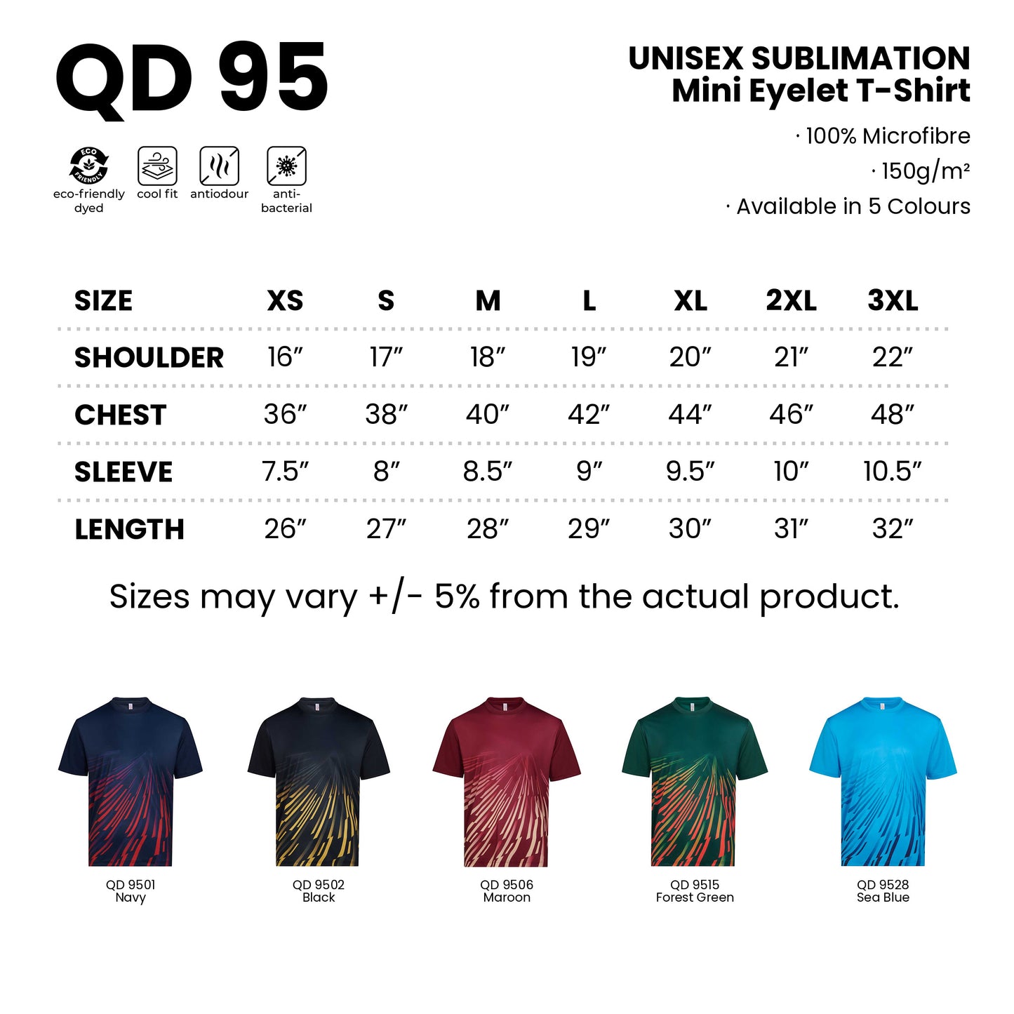 QD95 size chart from XS to 3XL with shoulder, chest, sleeve and length measurements, plus all 5 available colours in 100% microfibre 150gsm