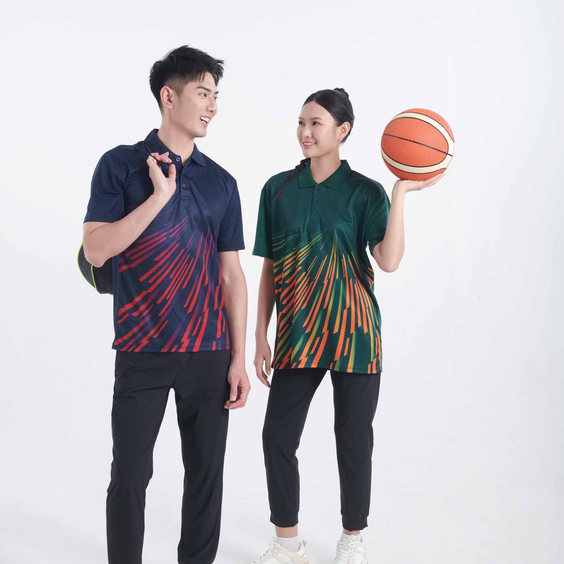 Models wearing the QD96 unisex sublimation mini eyelet polo shirt, showing the all-over printed design