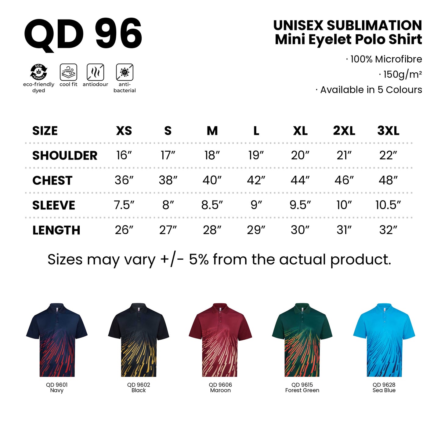 QD96 size chart from XS to 3XL with shoulder, chest, sleeve and length measurements, plus all 5 available colours in 100% microfibre 150gsm