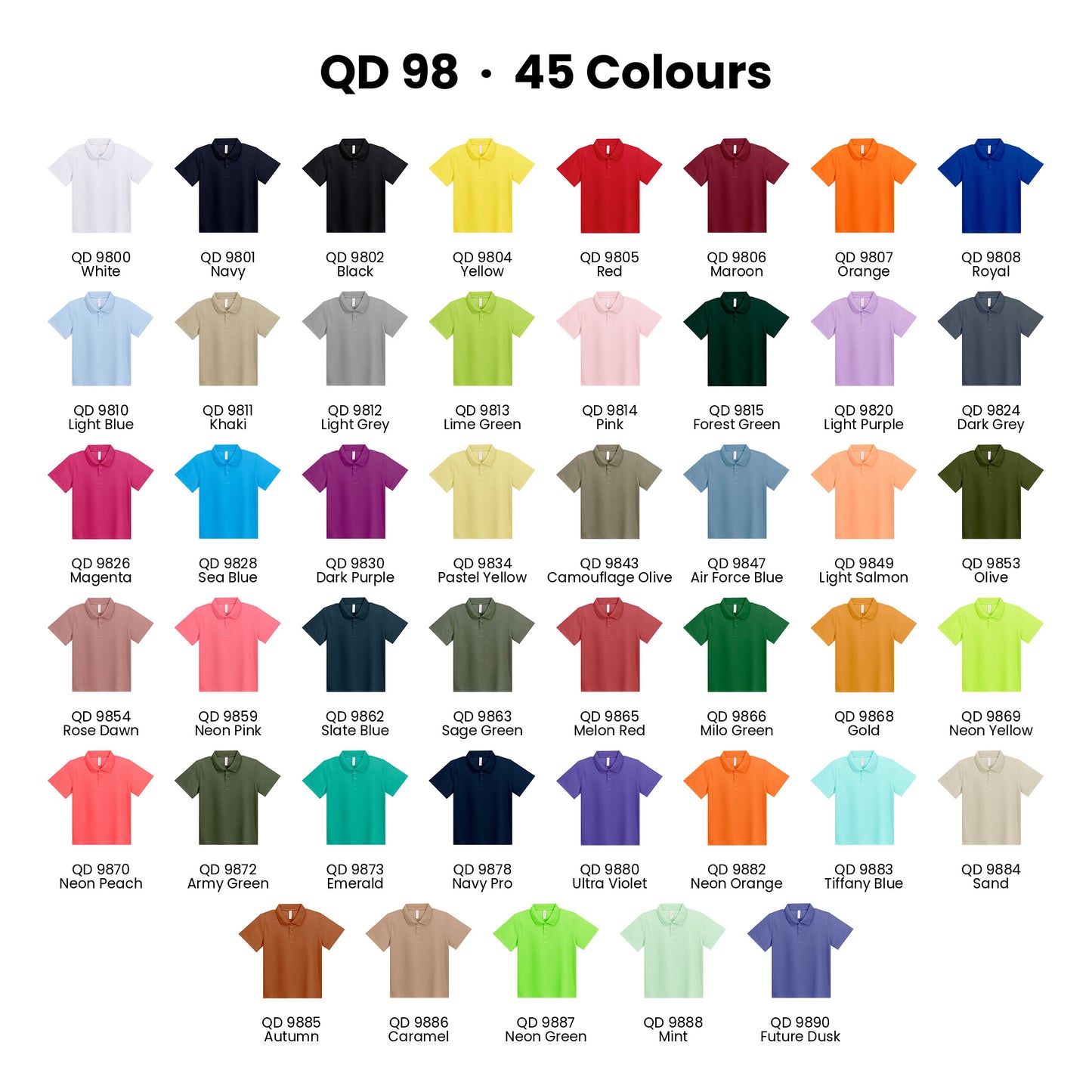 QD98 colour chart - all 45 kids microfibre eyelet polo shirt colours with codes and names