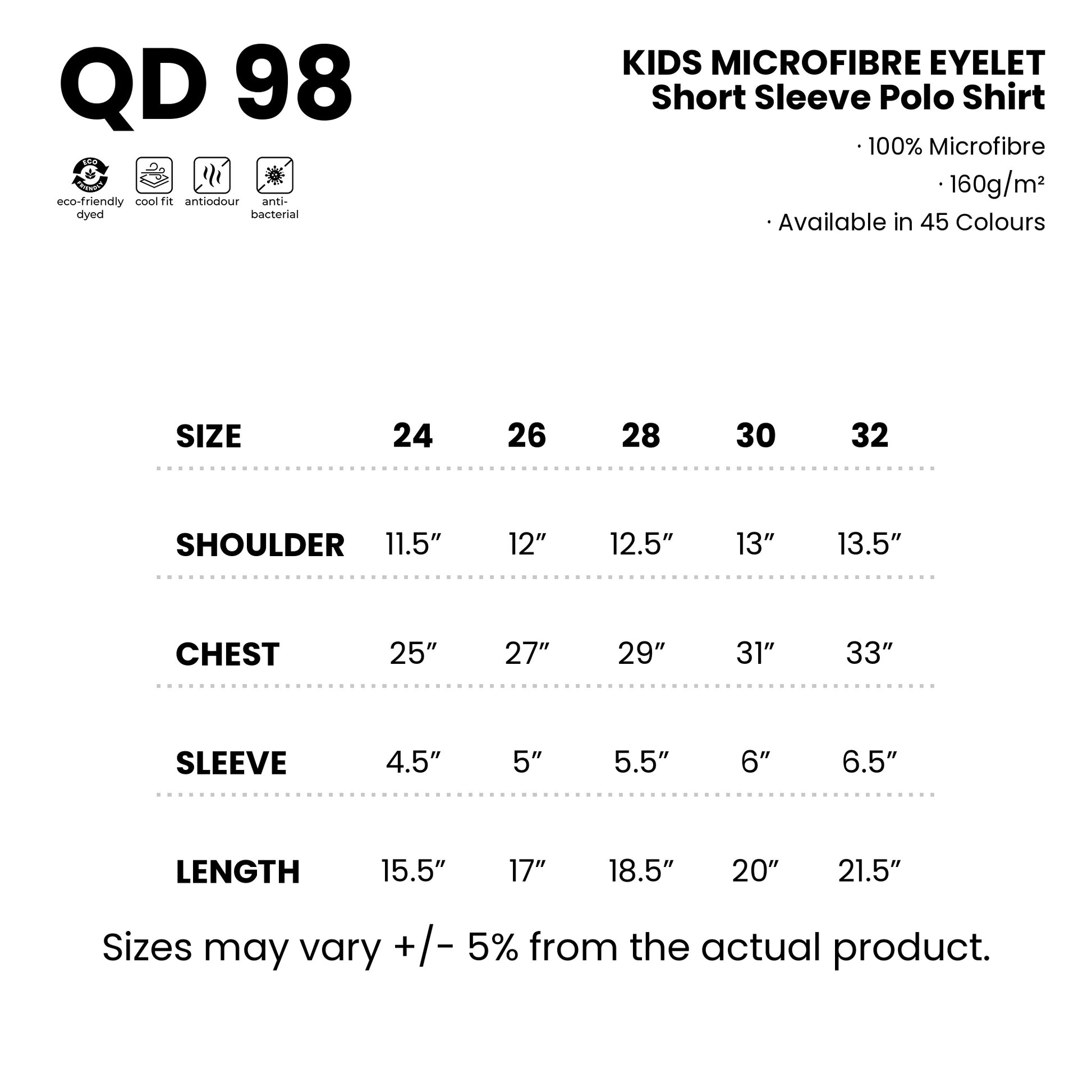 QD98 size chart from 24 to 32 with shoulder, chest, sleeve and length measurements