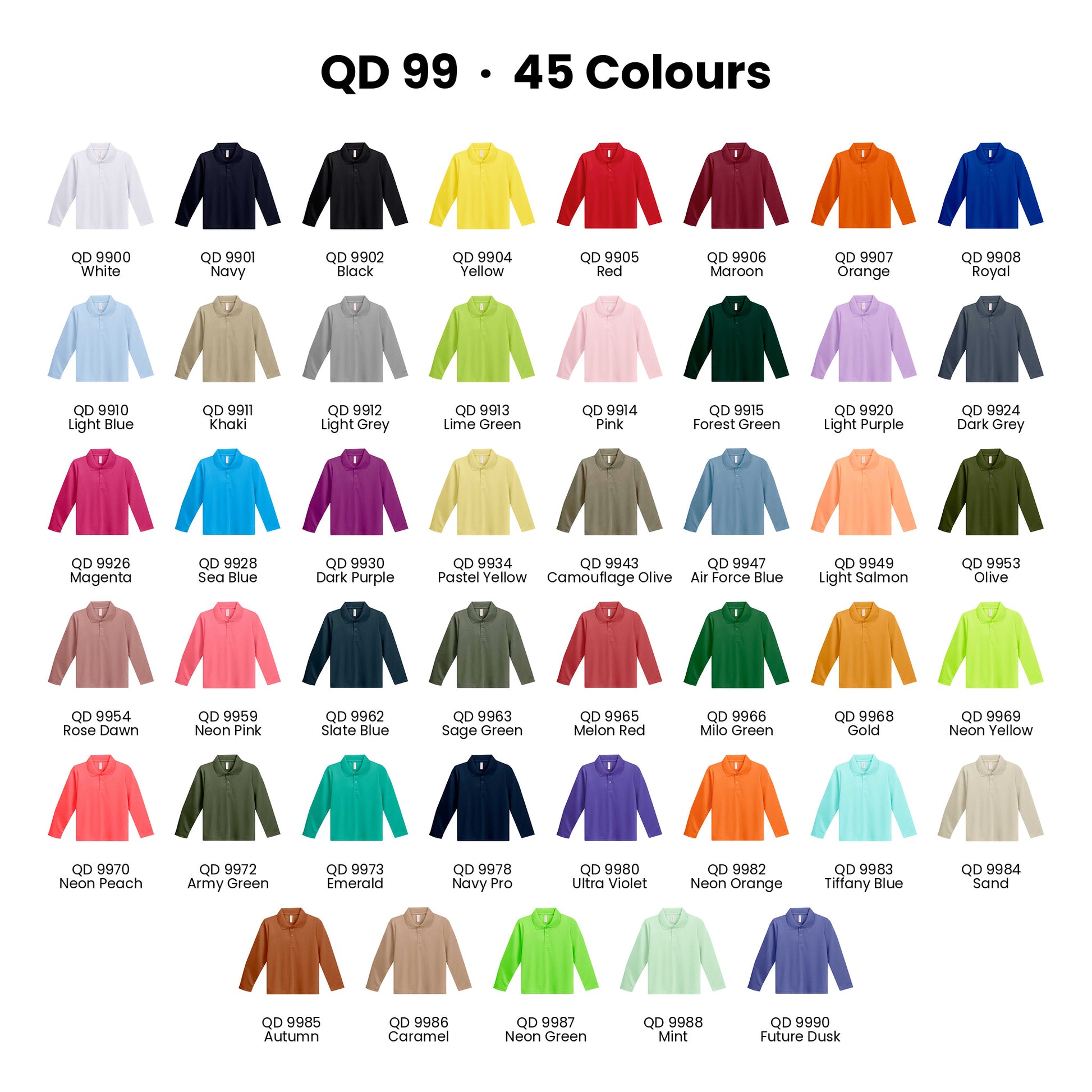 QD99 colour chart - all 45 kids microfibre eyelet long sleeve polo shirt colours with codes and names