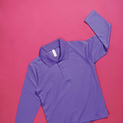 QD99 kids microfibre eyelet long sleeve polo shirt flat lay in bright colours