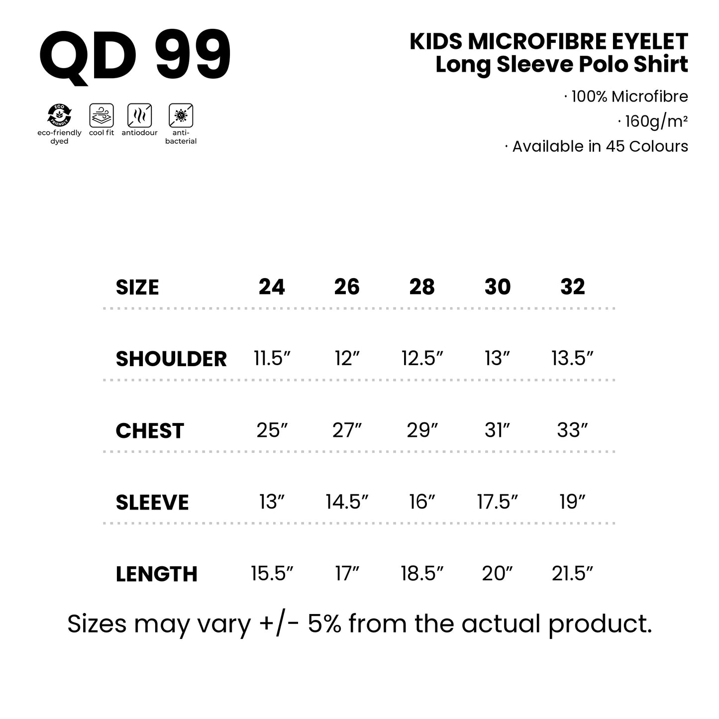 QD99 size chart from 24 to 32 with shoulder, chest, sleeve and length measurements