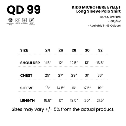 QD99 size chart from 24 to 32 with shoulder, chest, sleeve and length measurements