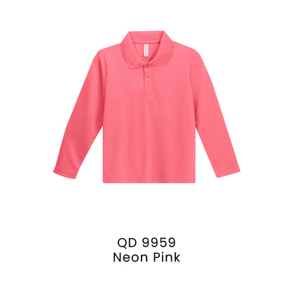 QD 9959 Neon Pink - QD99 kids microfibre eyelet long sleeve polo shirt in 160gsm