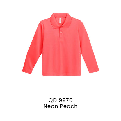 QD 9970 Neon Peach - QD99 kids microfibre eyelet long sleeve polo shirt in 160gsm