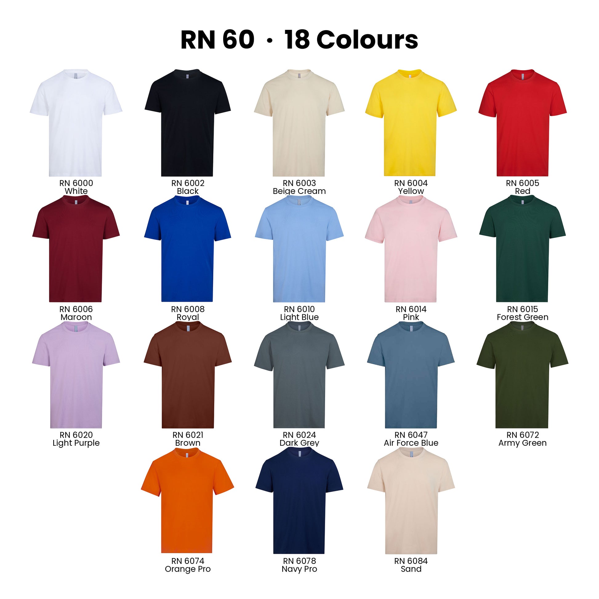 RN60 colour chart - all 18 cotton t-shirt colours with codes and names