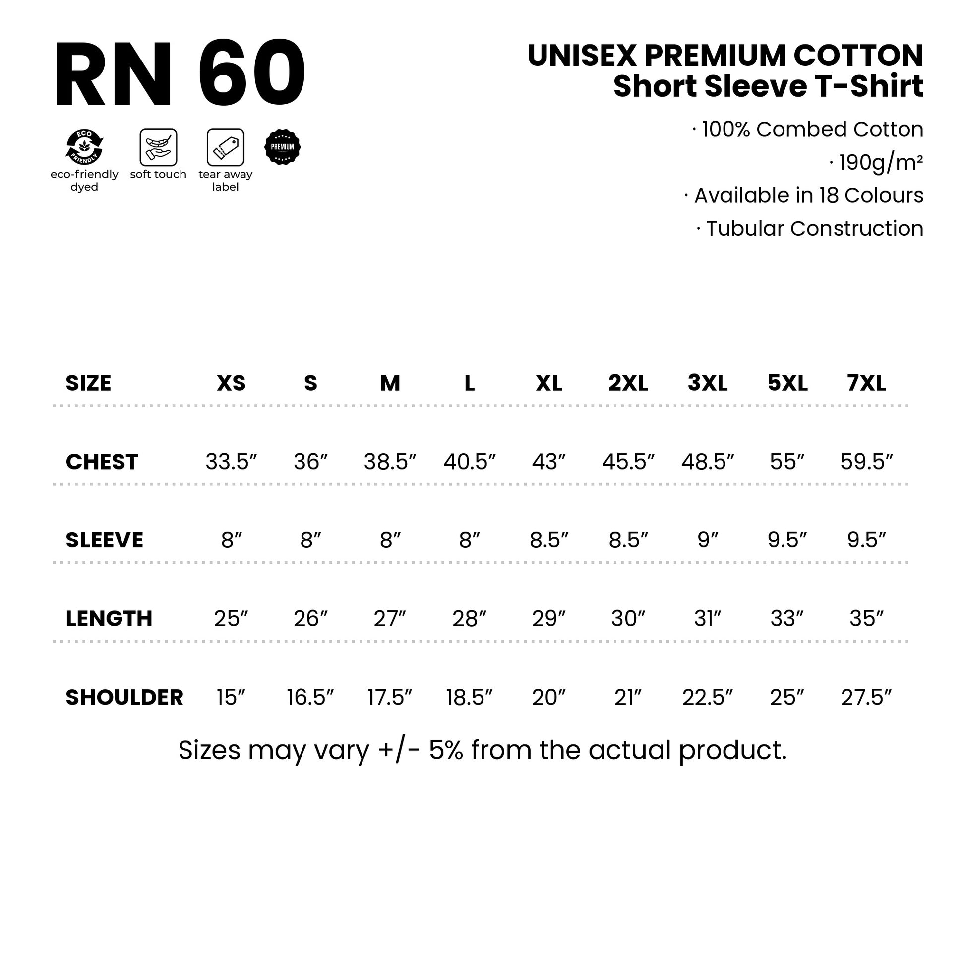 RN60 size chart from XS to 7XL with measurements