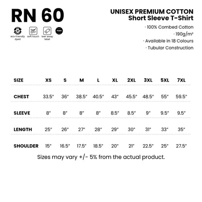 RN60 size chart from XS to 7XL with measurements