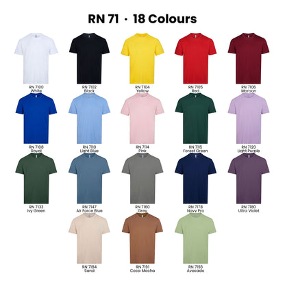 RN71 colour chart - all 18 cotton t-shirt colours with codes and names