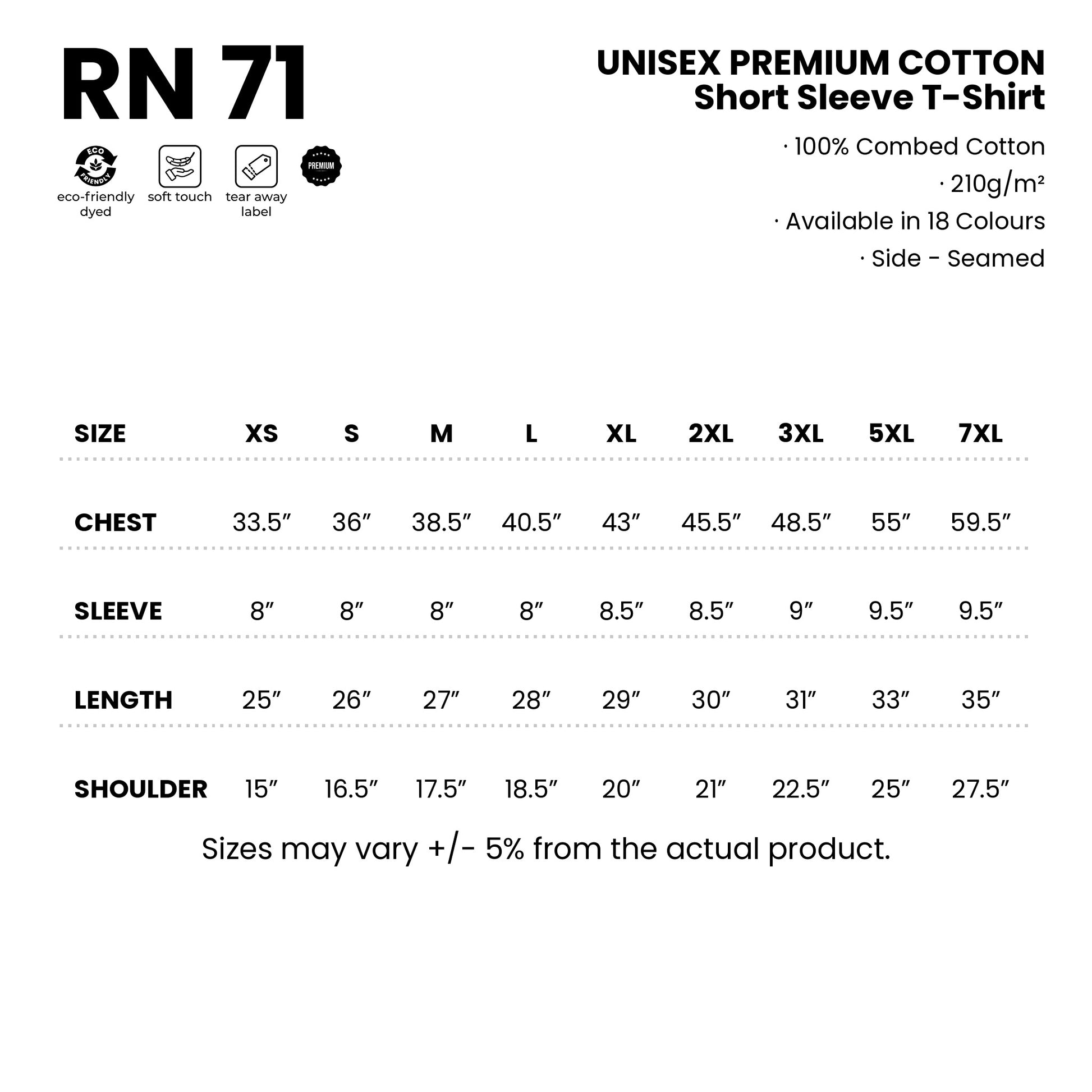 RN71 size chart from XS to 7XL with measurements