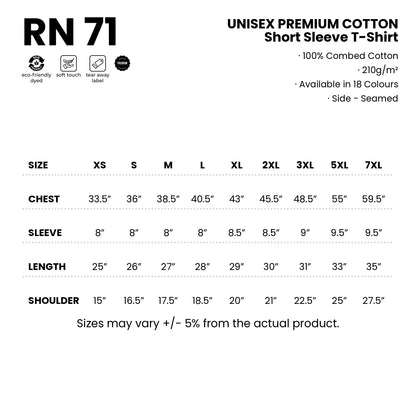 RN71 size chart from XS to 7XL with measurements