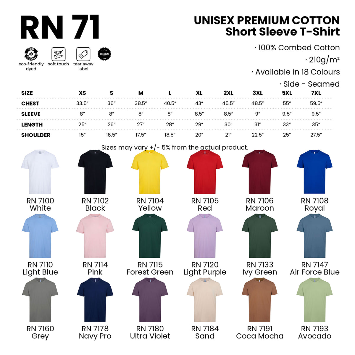 RN71 size chart and all 18 colours with codes and names