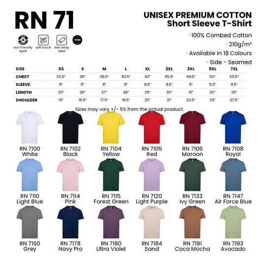 RN71 size chart and all 18 colours with codes and names