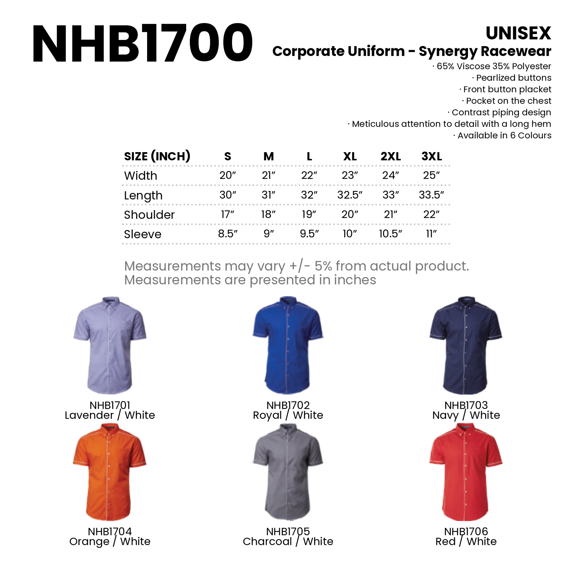 Corporate Uniform - Synergy Racewear | Premium Workwear | Unisex | 200gsm | NHB1700 | Artiztee | Collection | Size Chart