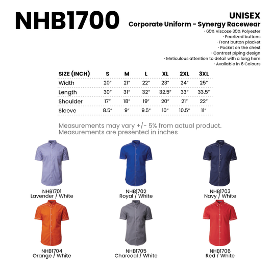 Corporate Uniform - Synergy Racewear | Premium Workwear | Unisex | 200gsm | NHB1700 | Artiztee | Collection | Size Chart