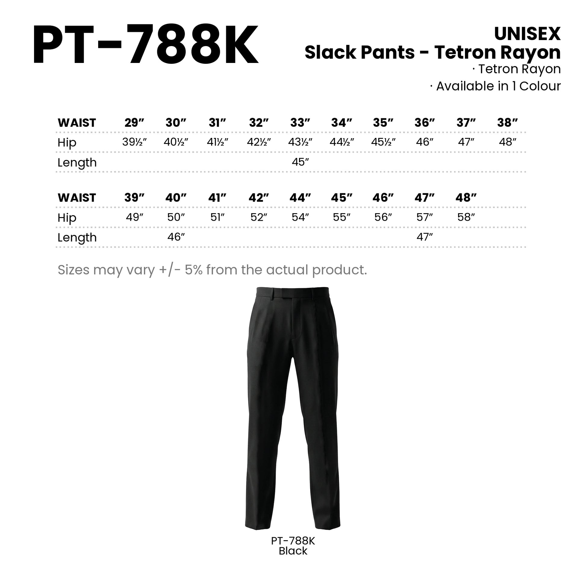 PT-788K size chart and all 1 colourway with codes and names