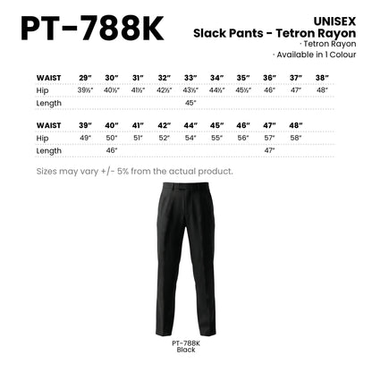 PT-788K size chart and all 1 colourway with codes and names