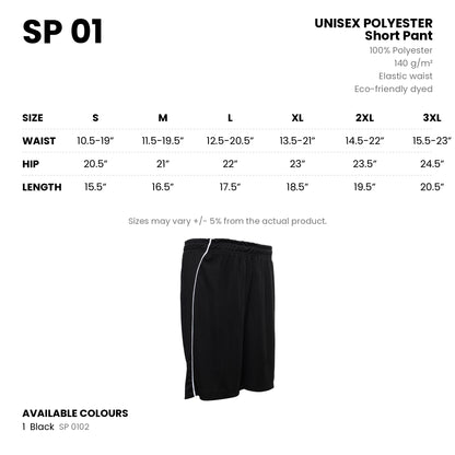 SP 01 unisex polyester short pant details - 140gsm, elastic waist, size chart S to 3XL