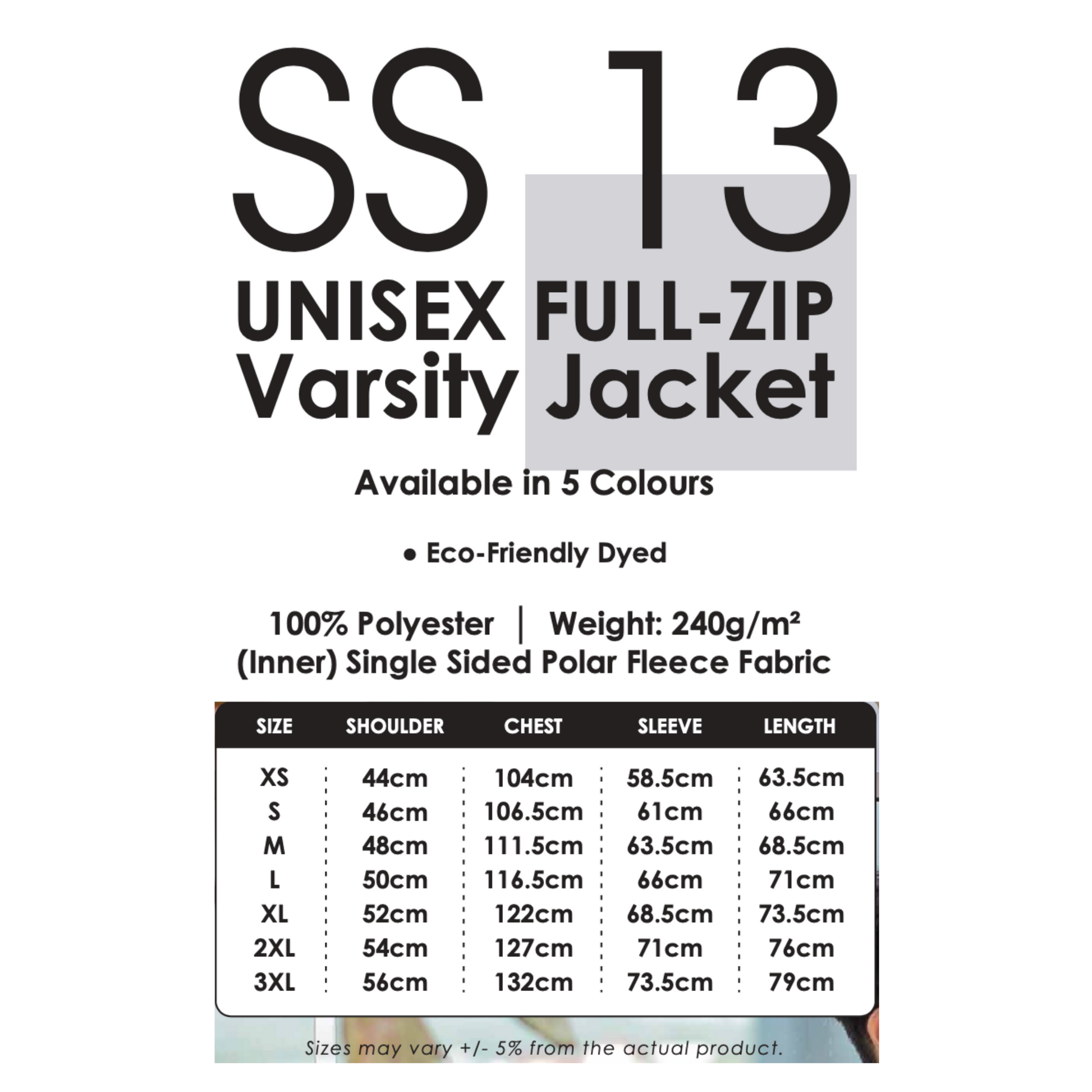 Varsity Jacket - Unisex Full-Zip | SS13 | Size Chart