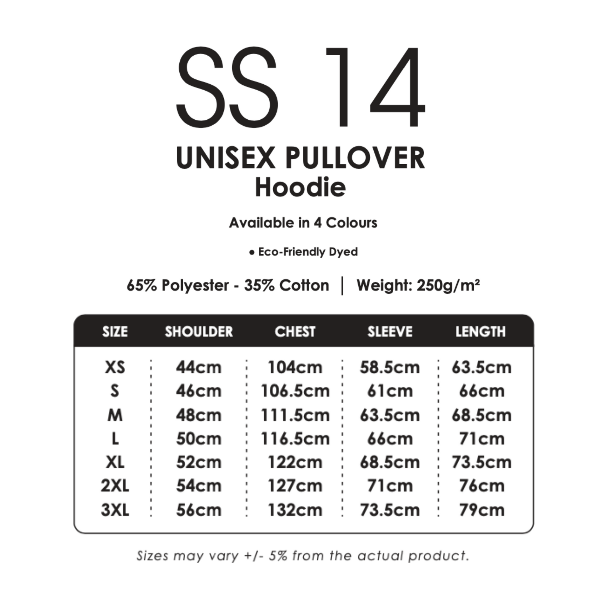 Hoodie - Pullover | Unisex | Black | SS14 | Size Chart