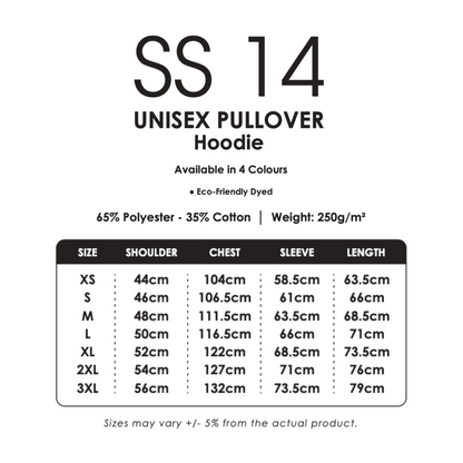 Hoodie - Pullover | Unisex | Black | SS14 | Size Chart