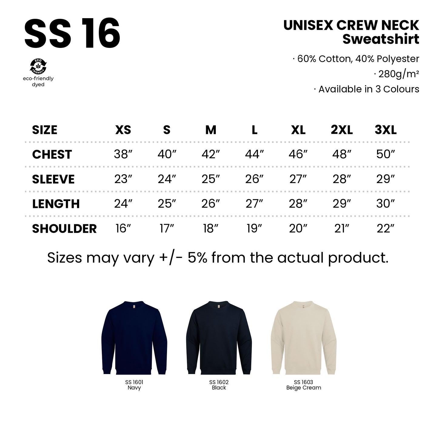 SS16 size chart from XS to 3XL with measurements