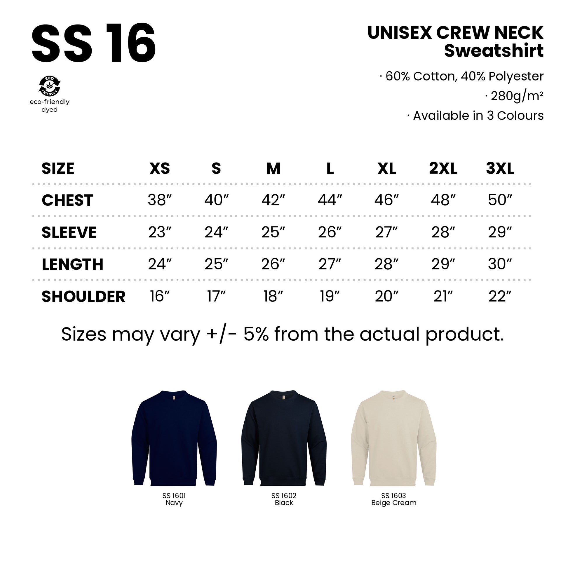 SS16 size chart from XS to 3XL with measurements