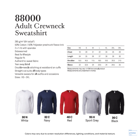 Sweatshirt Adult Crewneck Unisex 285gsm 88000 Artiztee Collection Size Chart
