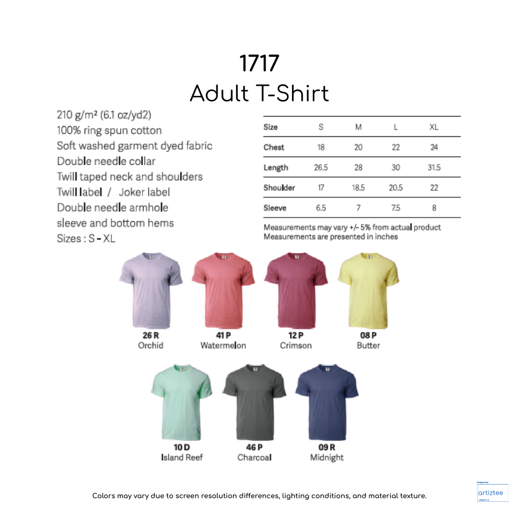 T-Shirt Adult Unisex 210gsm 1717 Artiztee Collection Size Chart