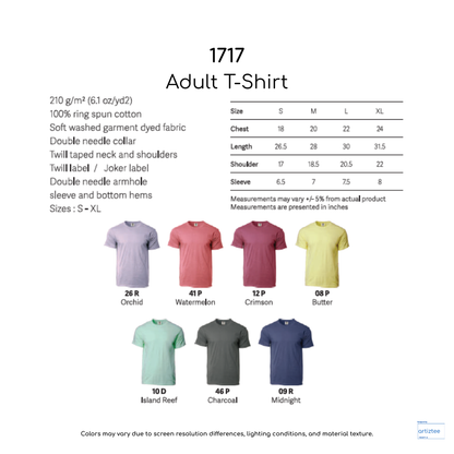 T-Shirt Adult Unisex 210gsm 1717 Artiztee Collection Size Chart