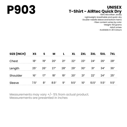 T-Shirt - AIRtec Quick Dry | Microfiber Mini Mesh | Unisex | 150gsm | P903 | Artiztee | Size Chart